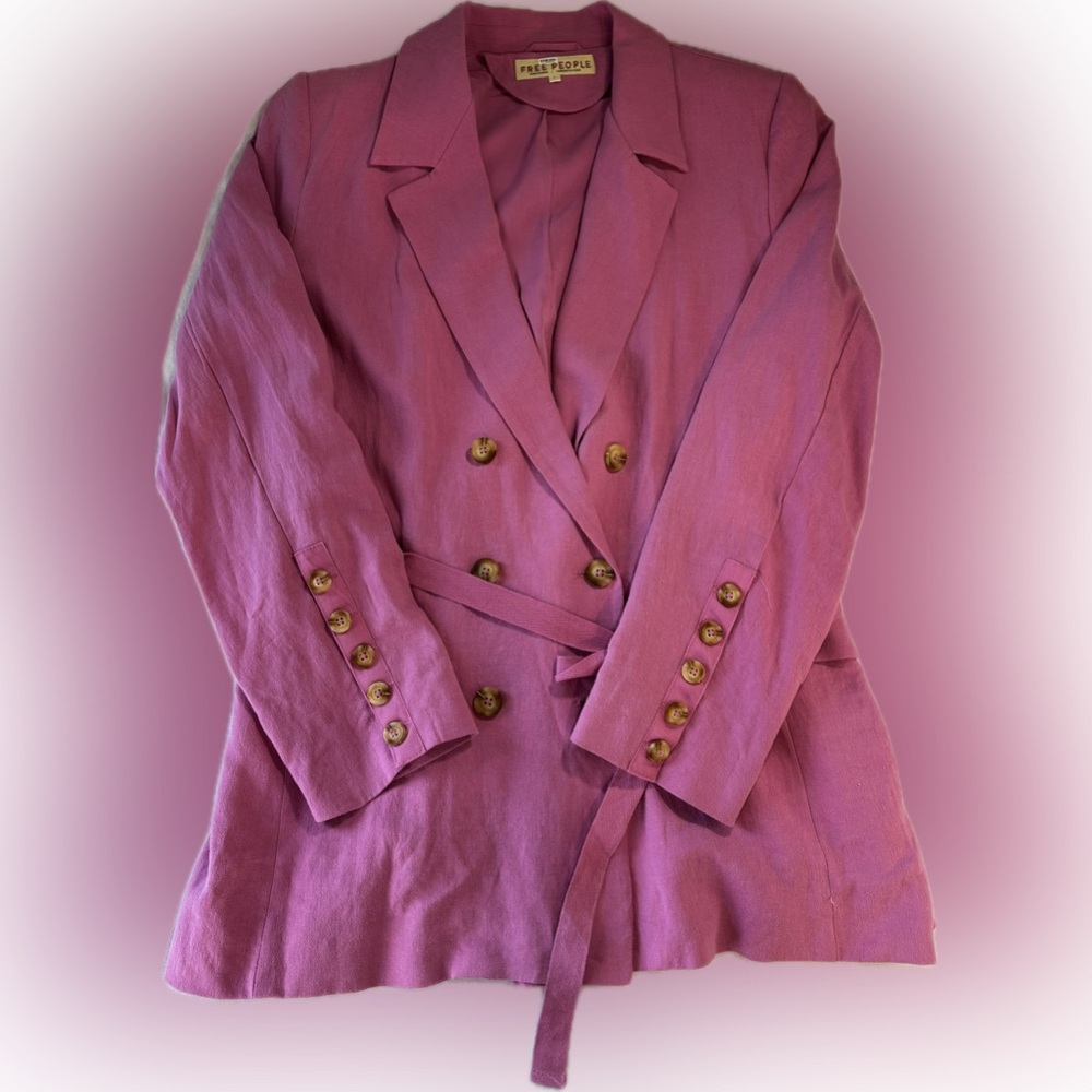 Free People Olivia Linen Blazer Hot Pink Magenta Double Breasted Belted Size L